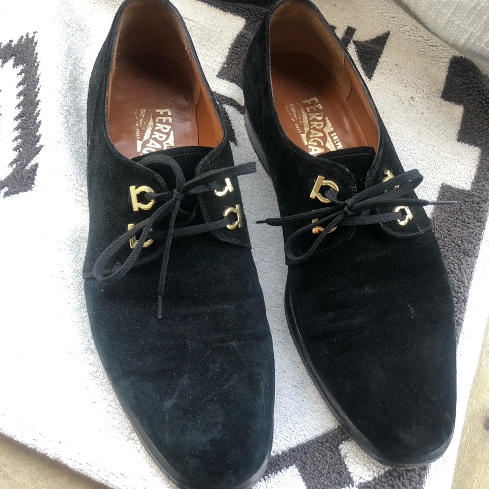 Vintage Ferragamos Black Suede Gold Buckles Laces
